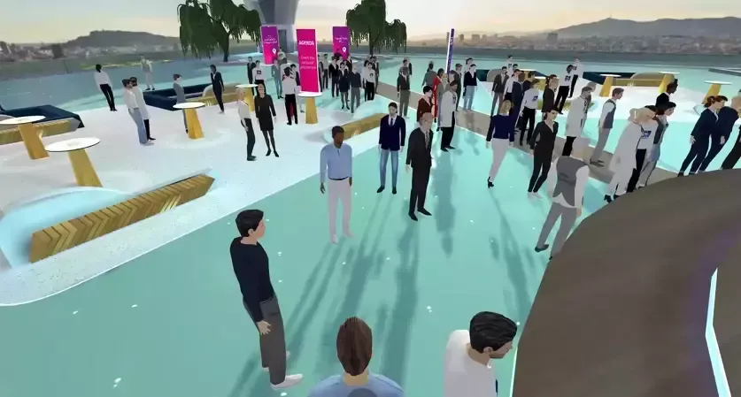 A virtual event with avatars mingling on a light blue platform with tables.