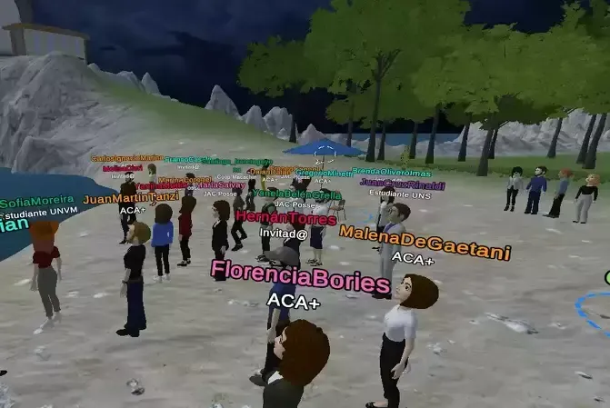 People gathered on a beach in a virtual environment. Night setting with avatars dancing and socializing.