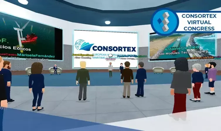 Virtual congress scene with avatars: speakers, attendees, large screens displaying logos, wind turbine image.