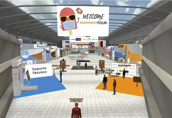 Virtual event hall with booths, welcome banner, and avatars.