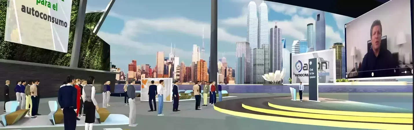 A virtual convention hall with people and a cityscape backdrop; a man speaks on a large screen.