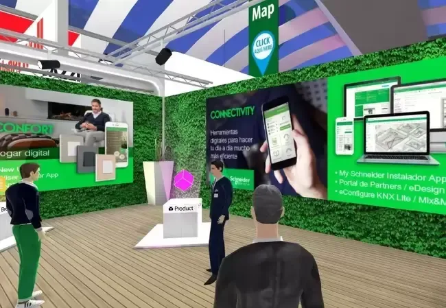 Virtual trade show booth with animated people, screens, and green accents.