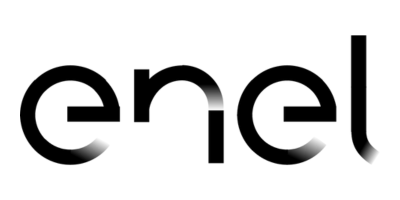 Enel logo, black letters with a gradient effect on the edges.