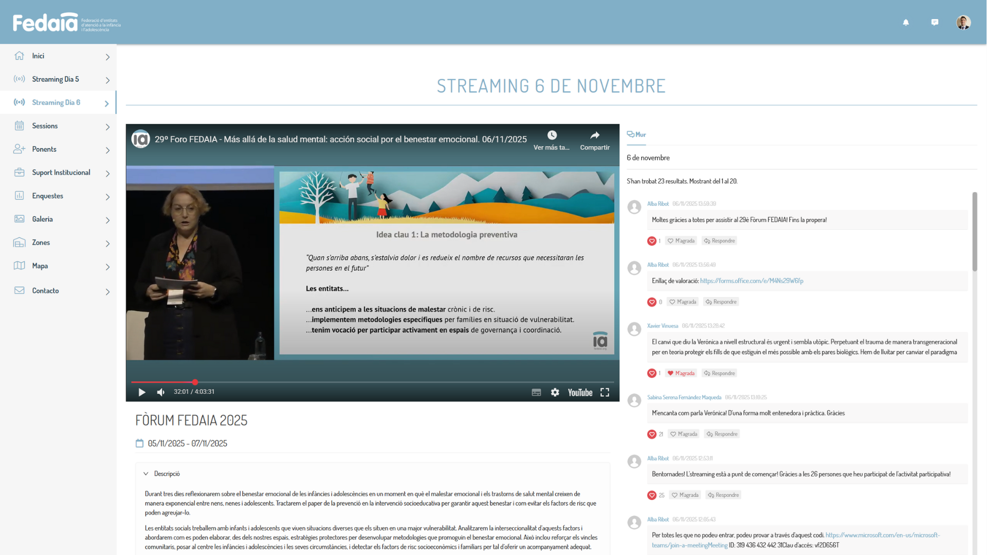Plataforma de seminarios web: Ponente en vídeo, diapositivas sobre bienestar, texto, chat.