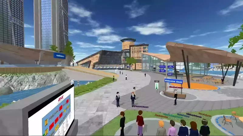 Virtual cityscape scene with avatars strolling, a large screen displaying graphics, and modern buildings.