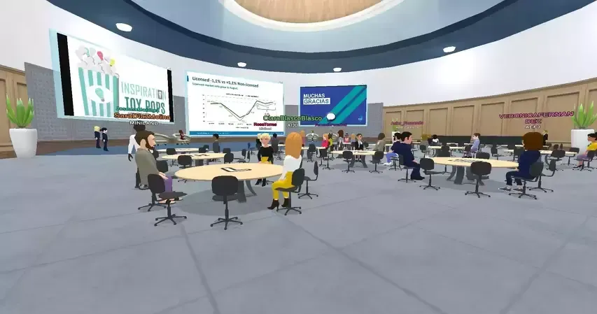 Virtual conference room with attendees, tables, and screens displaying data.