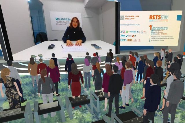 Virtual event: speaker on stage, audience of avatars, bright screen.