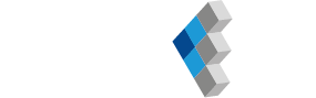 Logotipo con dise&ntilde;o geom&eacute;trico en azul, gris y blanco.