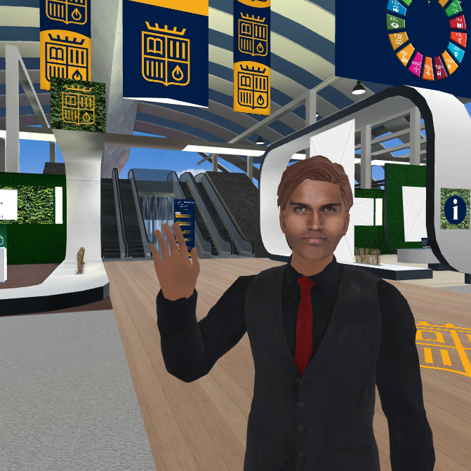Avatar of a man in a suit waving in a virtual lobby with escalators and banners.