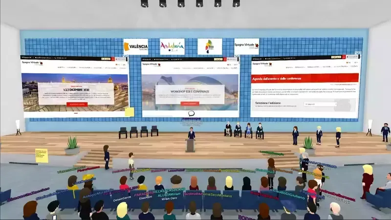 A virtual conference stage with web pages on screens and avatars in the audience.