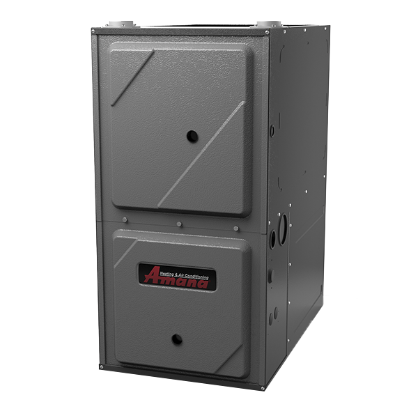 A gas furnace is sitting in a basement next to another gas furnace.