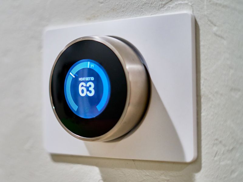 A smart thermostat with the number 63 on it