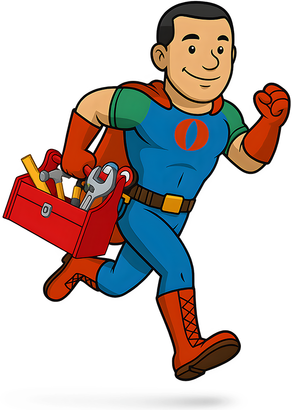 Superhero handyman running with a toolbox. Omega Heating and Cooling Mascot