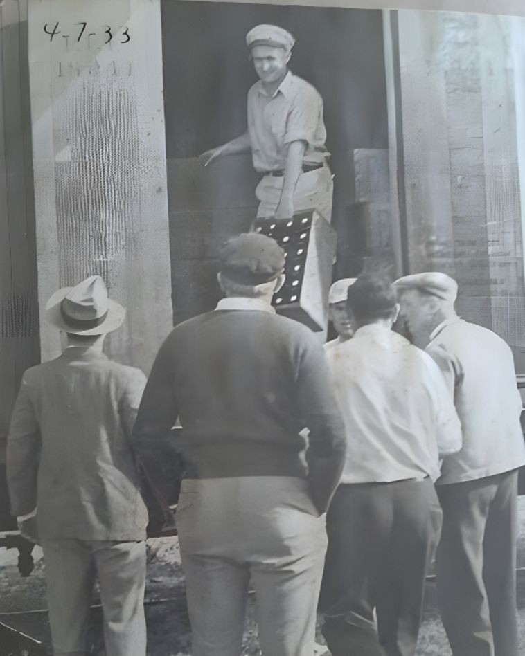 John Gandolfo unloading first beers from train after Prohibition.
