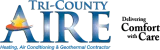Tri-County Aire logo with blue text, orange flame icon, and “Delivering Comfort with Care” slogan