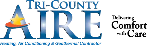 Tri-County Aire logo with blue text, orange flame icon, and “Delivering Comfort with Care” slogan
