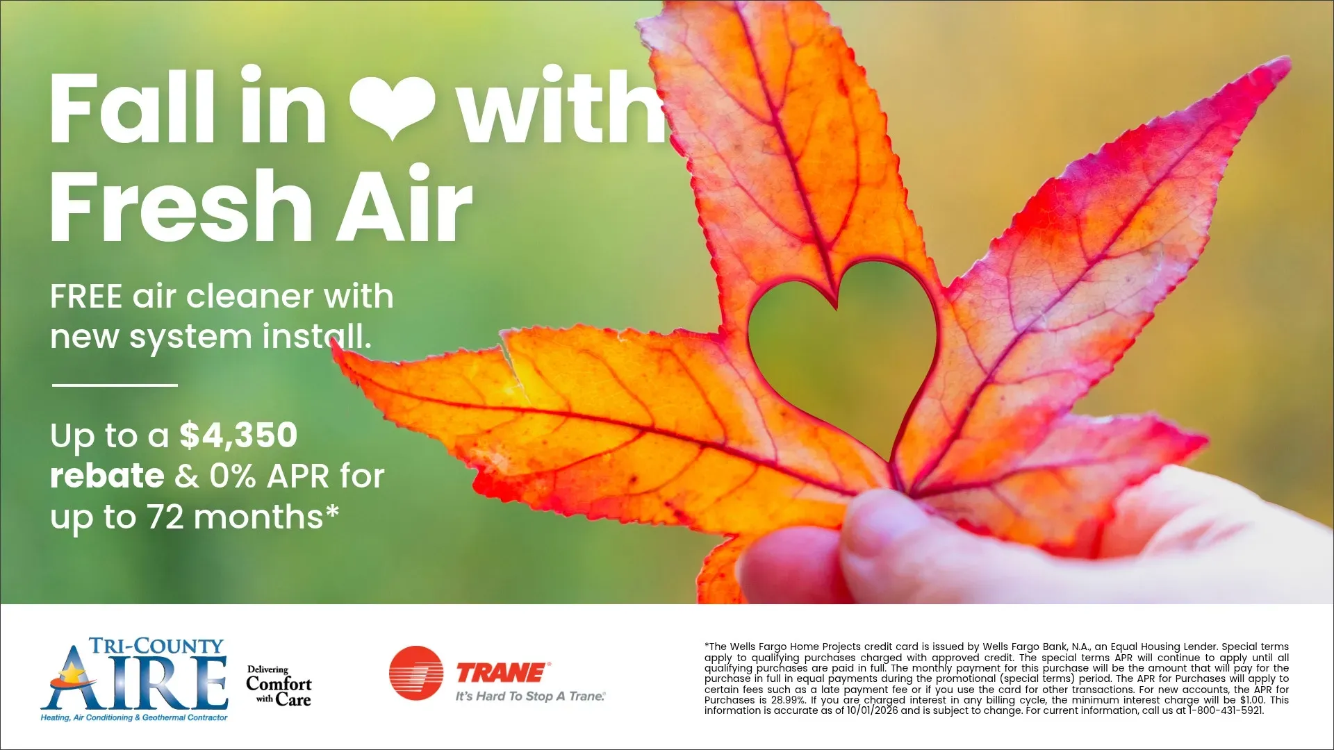 Fall in with fresh air; autumn leaf with heart cutout and text about free air cleaner up to $4,850 rebate.