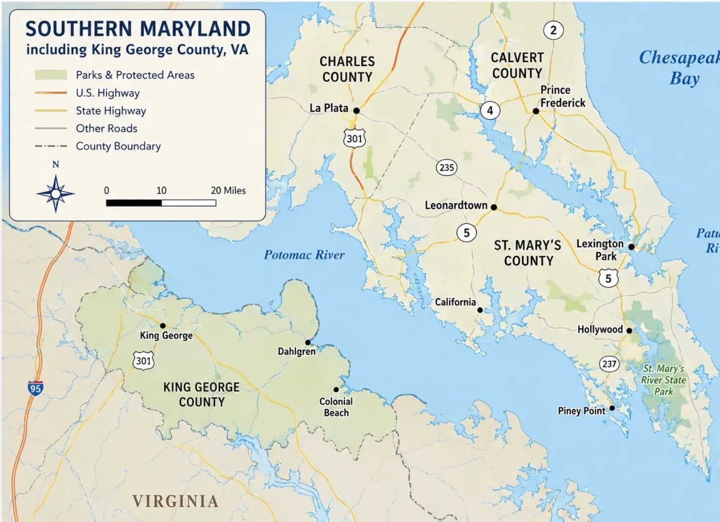 Tri-County Aire service area map: Calvert, Charles, and St. Mary's Counties, MD, Southern Anne Arundel County, MD, and King George County, VA