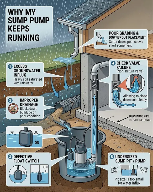 Infographic of sump pump problems causing it to run constantly in a basement.