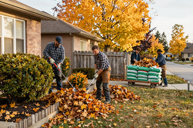 Fall clean up crew clearing leaves and garden debris