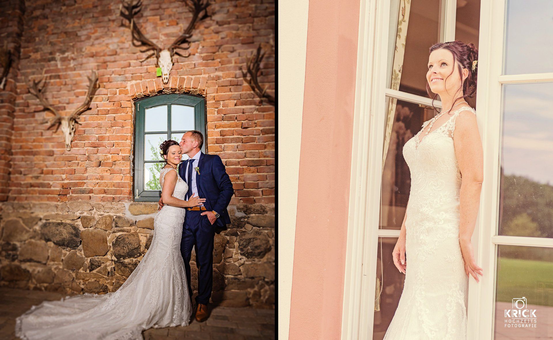 Braut und Bräutigam in Hochzeitskleidung posieren vor einer rustikalen Backsteinmauer und einem Fenster.