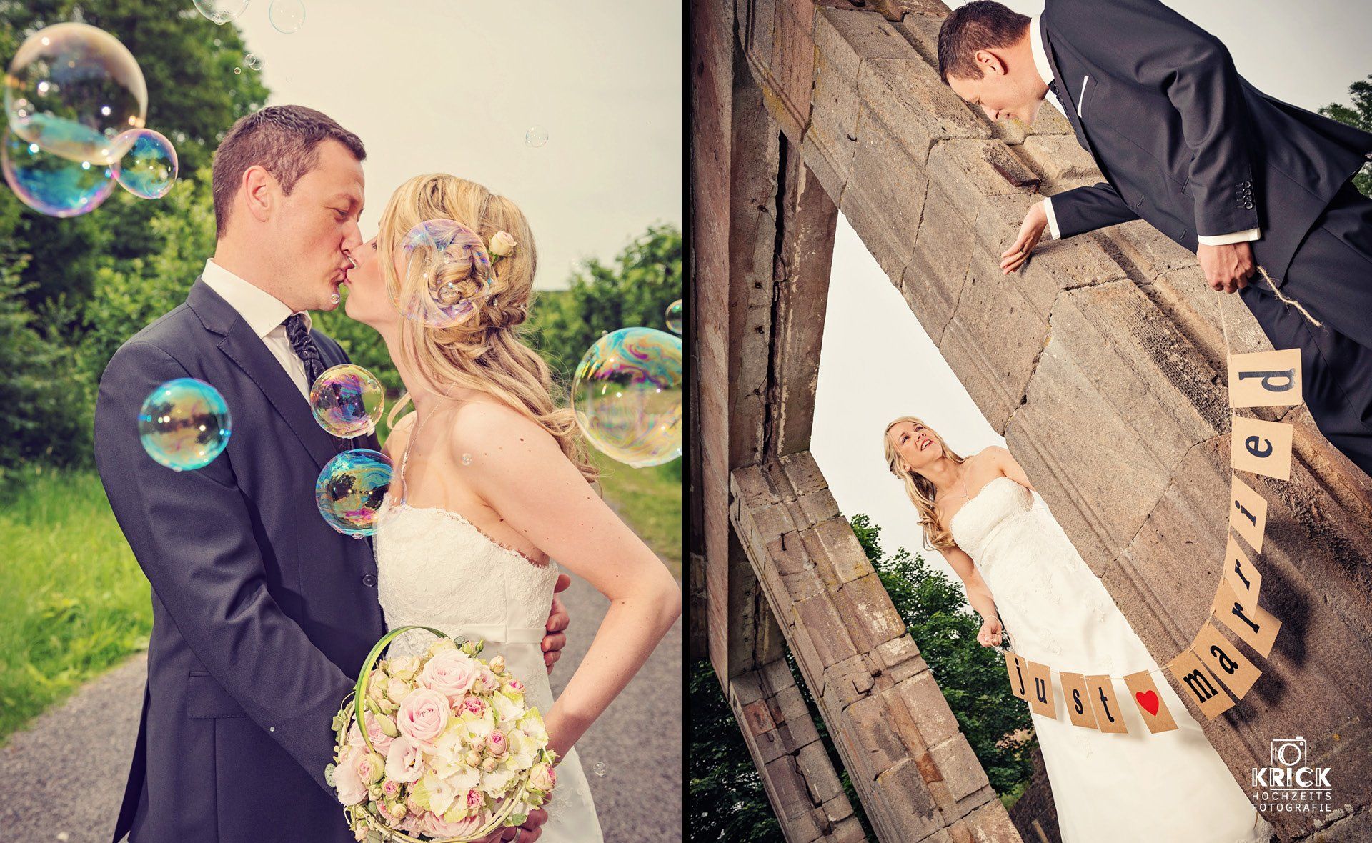 Hochzeitspaar mit Seifenblasen; Braut und Bräutigam posieren in festlicher Kleidung vor einer rustikalen Holzwand.