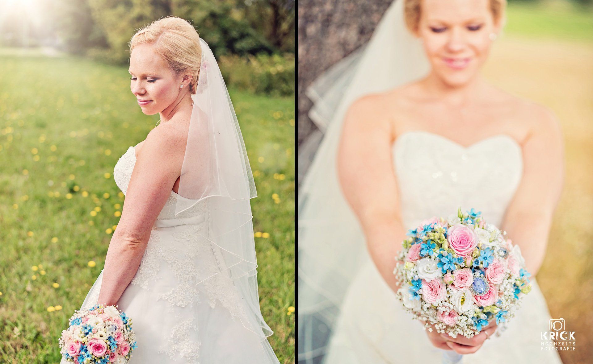 Eine Braut in einem weißen Hochzeitskleid, die im Freien einen farbenfrohen Brautstrauß hält, ist in einem nebeneinanderliegenden Porträt zu sehen.