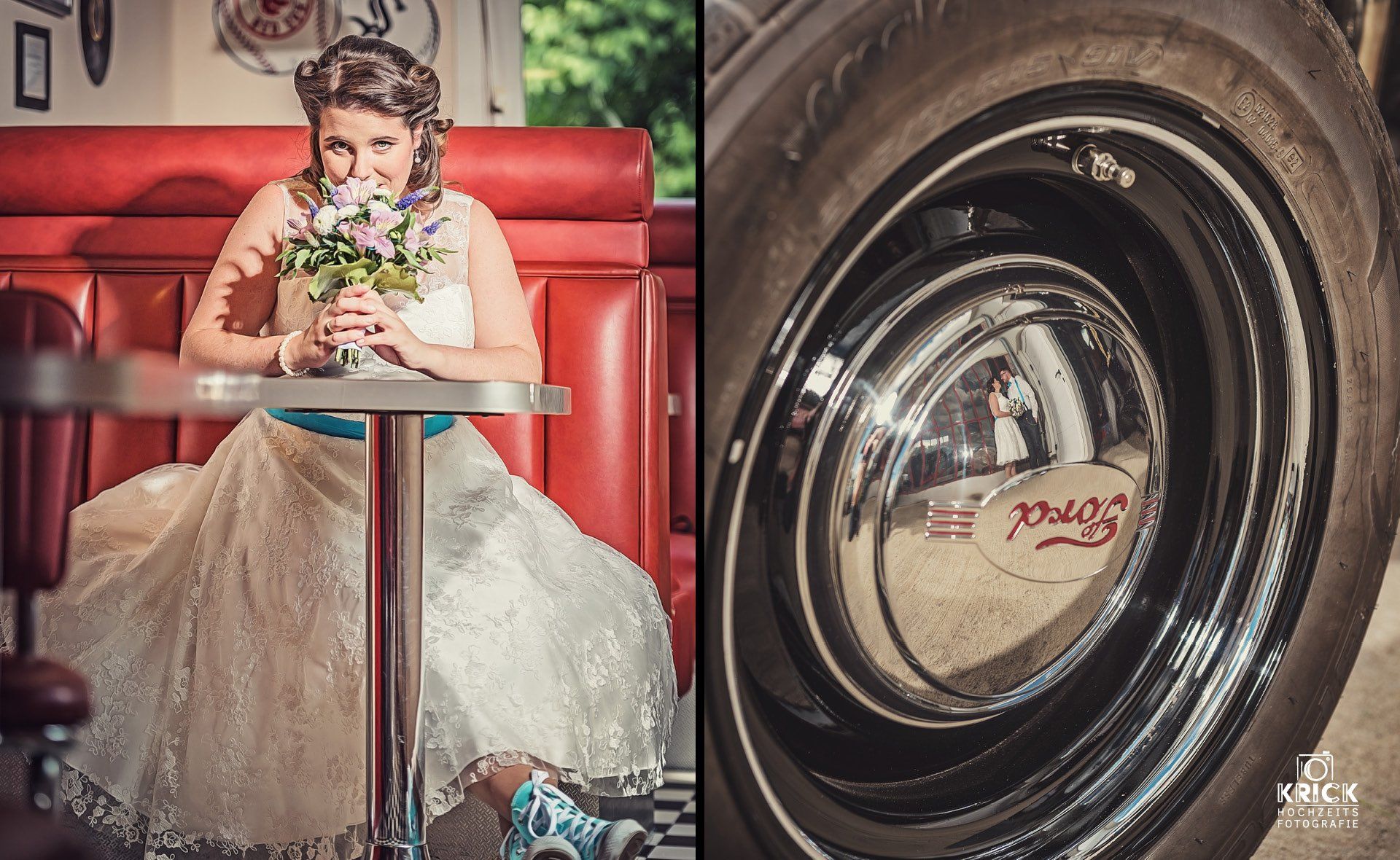 Braut in weißem Kleid mit Brautstrauß an einem roten Stand; Nahaufnahme einer glitzernden Autofelge.