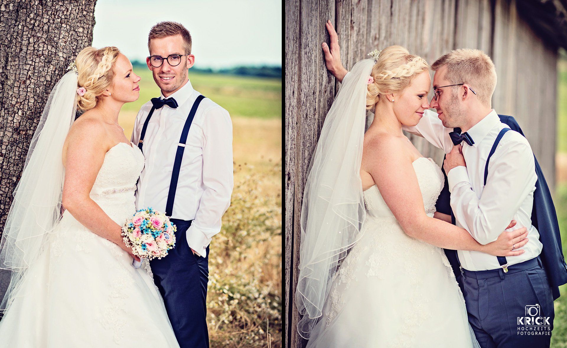 Braut und Bräutigam posieren im Freien, lächeln und umarmen sich in ihrer Hochzeitskleidung.