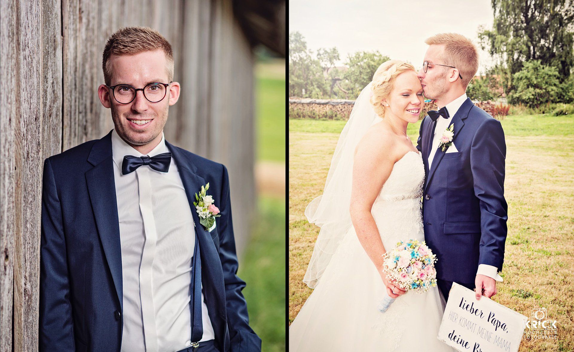 Hochzeitsporträt eines Bräutigams in einem marineblauen Anzug und einer Braut, die ihn im Freien auf einem grasbewachsenen Feld küsst
