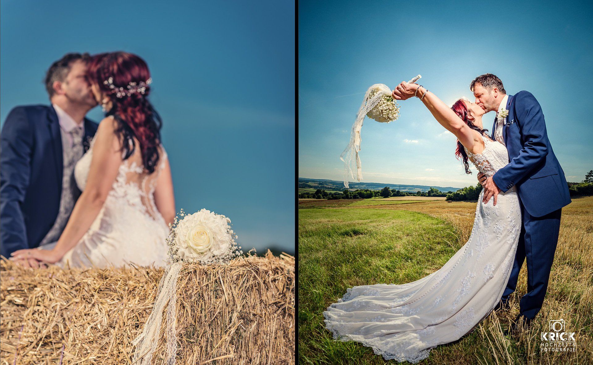 Ein Brautpaar küsst und feiert im Freien, das Kleid der Braut weht im Gras, im Hintergrund blauer Himmel.