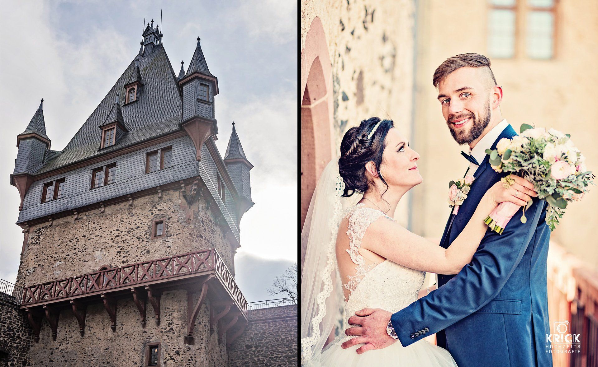 Ein Paar in Hochzeitskleidung umarmt sich neben einem burgähnlichen Steinturm im Freien.