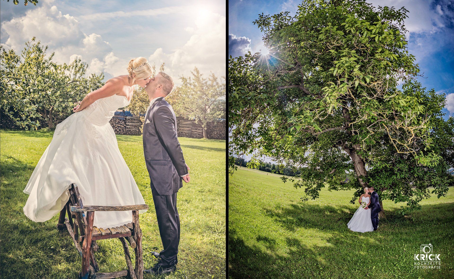 Braut und Bräutigam stehen unter einem blühenden Baum in einem sonnigen Garten; die Braut sitzt in einer Weitwinkelaufnahme darunter.