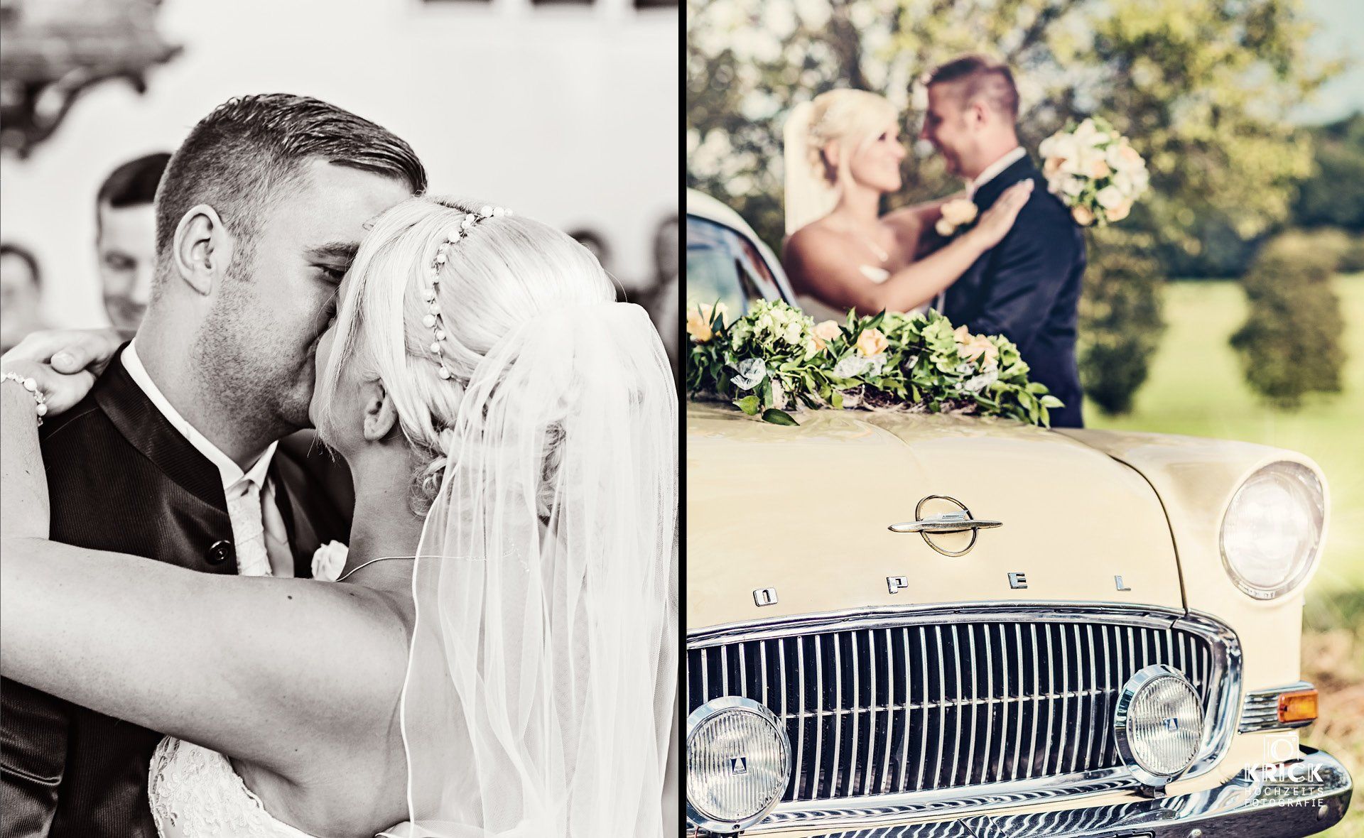 Schwarz-weißer Hochzeitskuss neben einem cremefarbenen Oldtimer in sonniger Freiluftkulisse