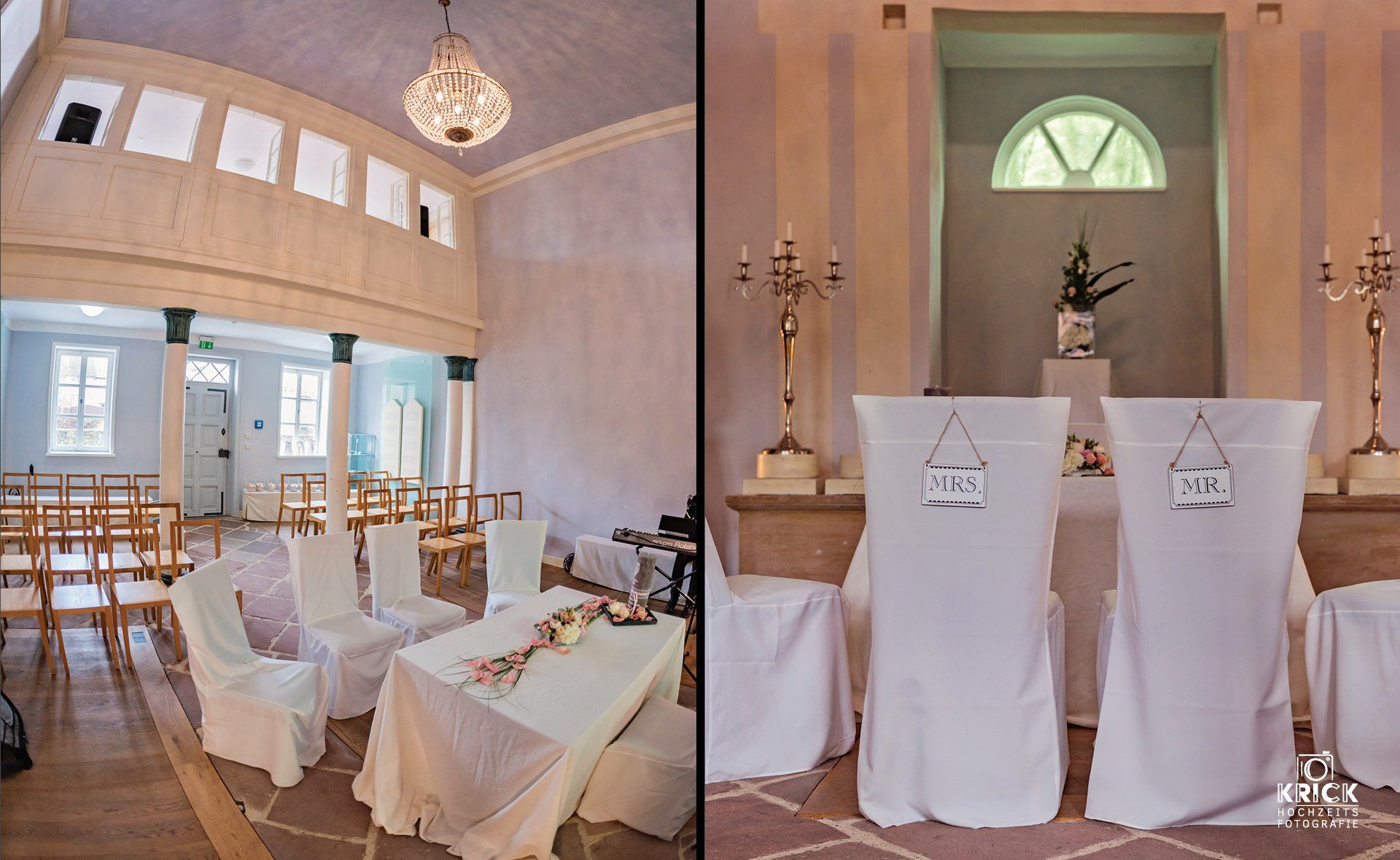 Eleganter Trausaal mit weißen Stühlen, Blumenarrangements und einem geschmückten Altar