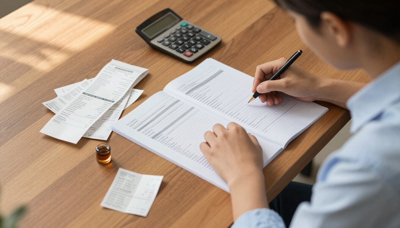Restaurant financial documents and calculator on a wooden desk.