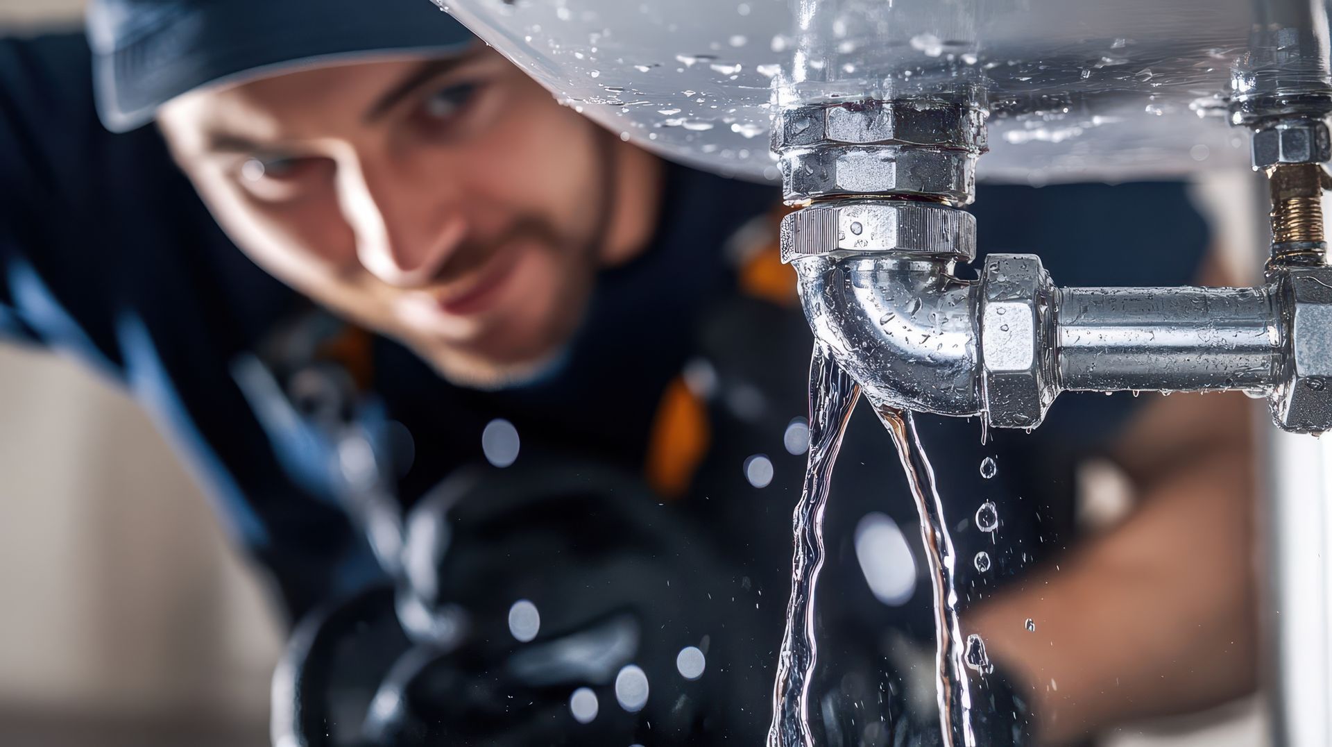 Close-up of leaking sink pipe with water dripping as a plumber inspects it.