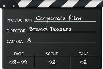 Filmklapper voor een bedrijfsfilm: productietitel, datum, scène en details over de opname.