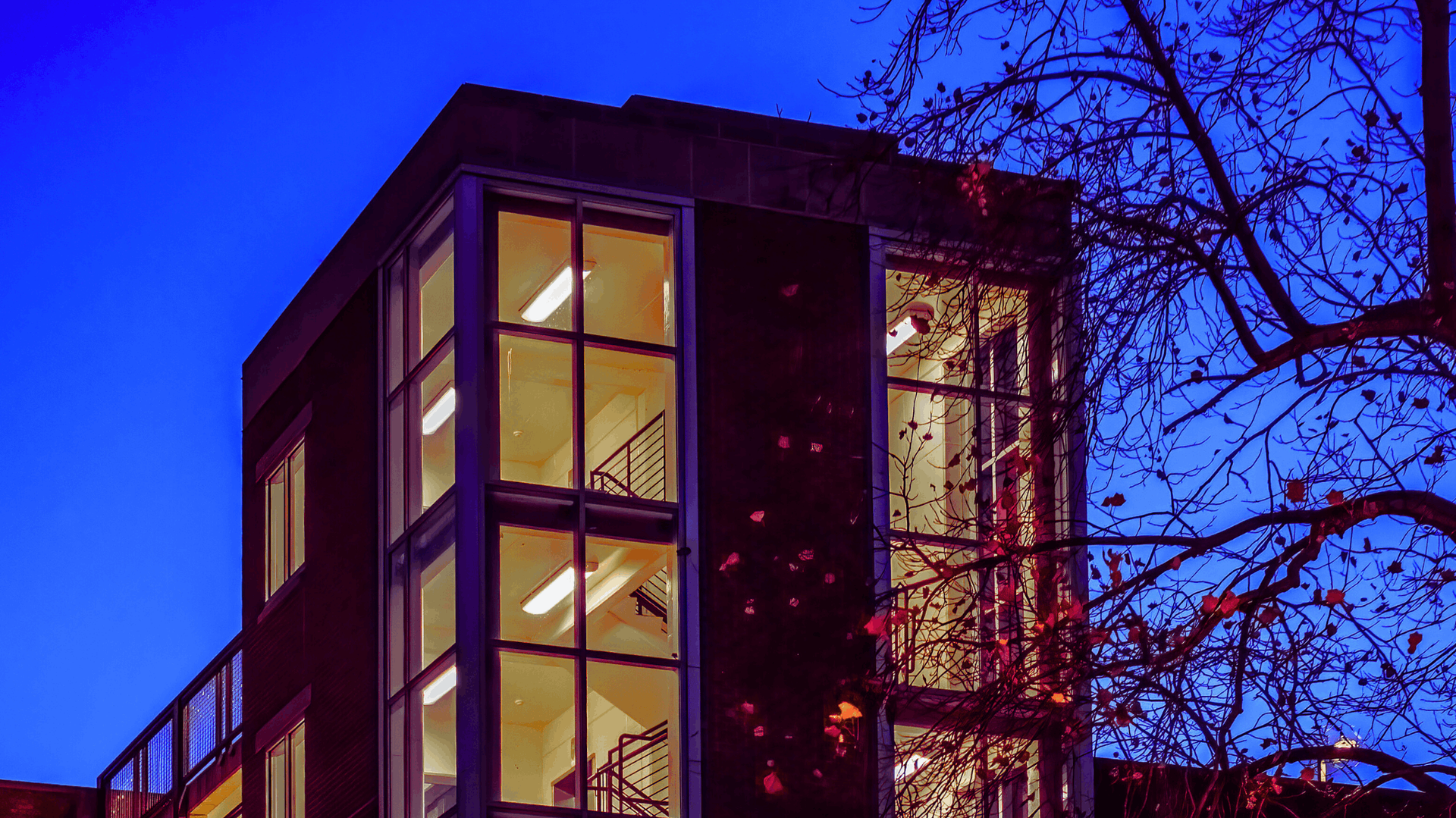 Dark brick building with lit interior stairwell at dusk. Bare tree branches on right 