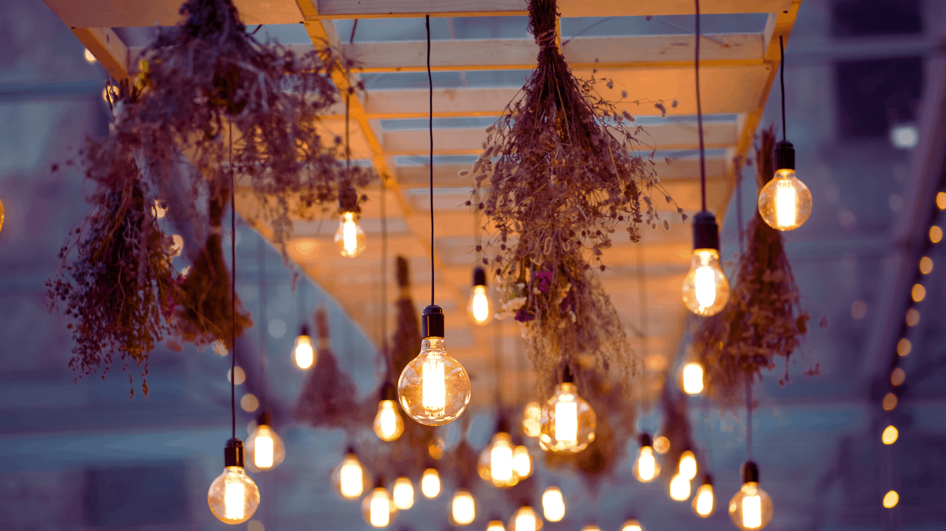 String lights and dried floral bundles hang from a wooden structure, illuminated with a warm glow — Chayser Electrical in Currimundi, QLD