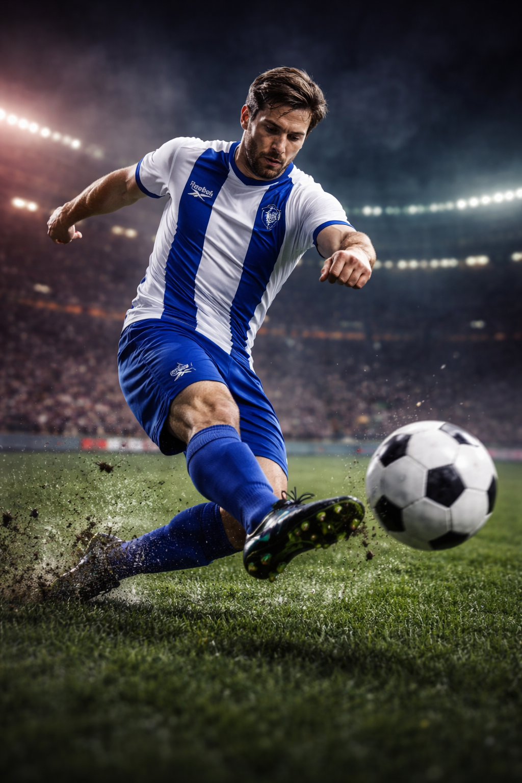 Soccer player in blue and white kit kicking a ball on a stadium field at night