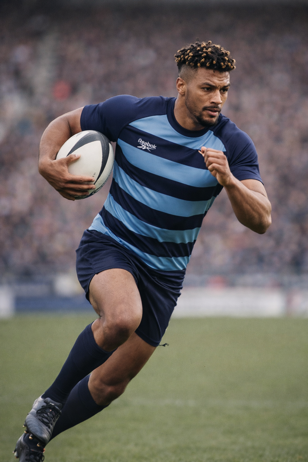 Rugby player in blue striped kit running with the ball on a field, stadium crowd blurred behind