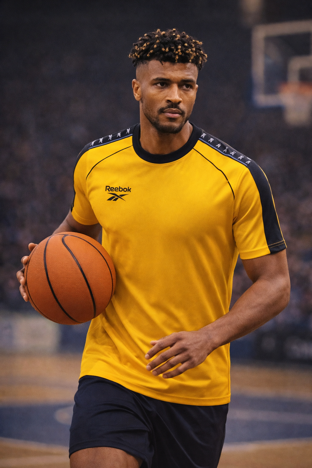 Basketball player in a yellow shirt dribbling on an indoor court