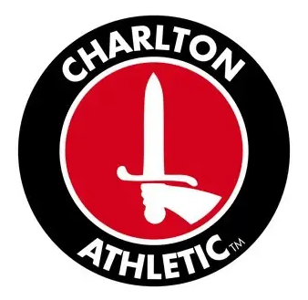 Charlton Athletic football club logo with red sword emblem on black and red circular badge