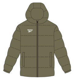 Olive green hooded puffer jacket with zip front and chest logo, shown flat on white background