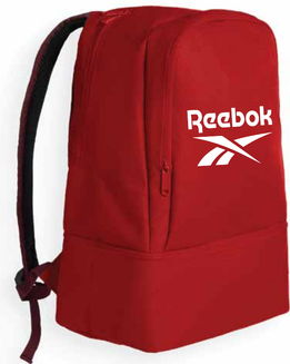 Red Reebok backpack in red with black shoulder straps and white logo