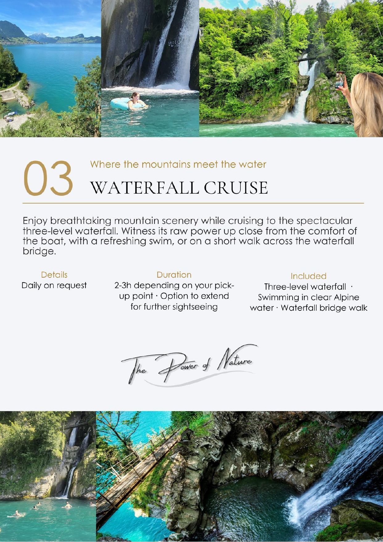 Tour boat approaching a powerful rushing waterfall cascading down a steep rocky mountain cliff