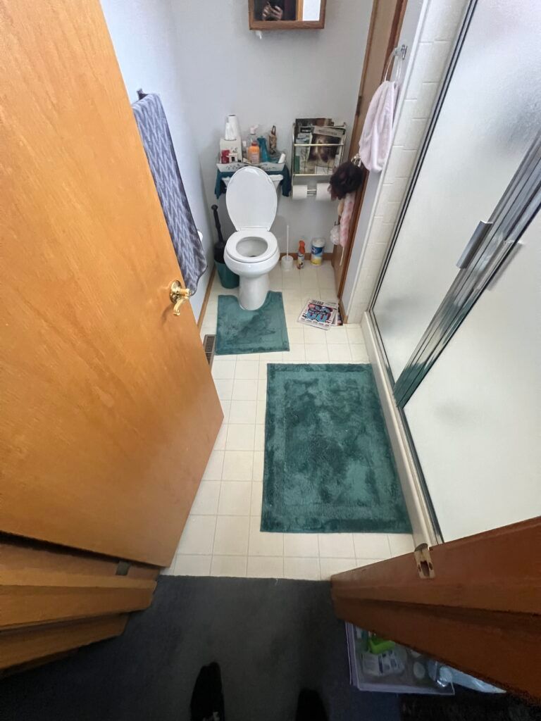 Narrow bathroom with open door, toilet, green bath mats, and shelving in a small space.