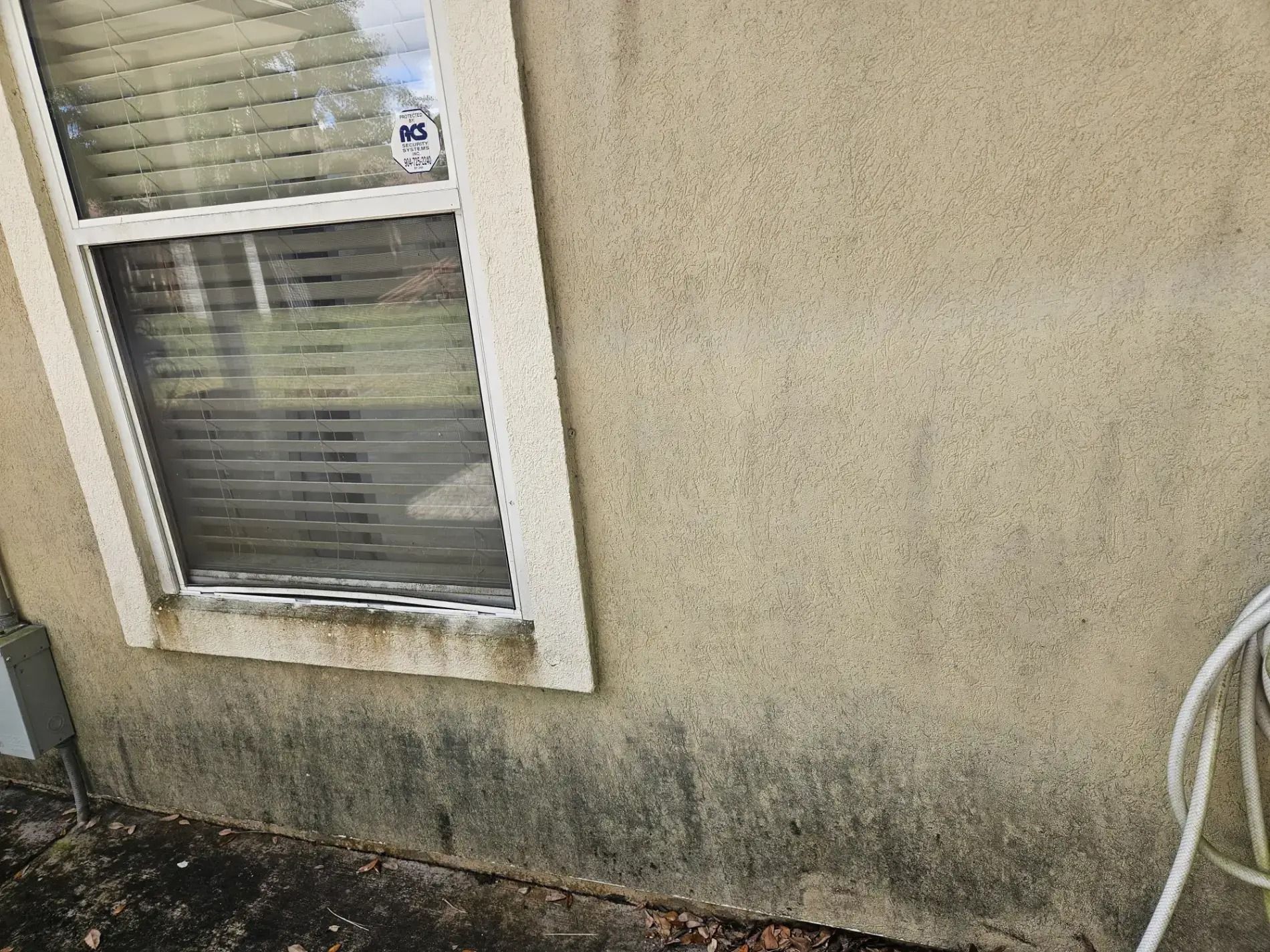 Dirty exterior wall with a window, mildew stains, and a hose on the ground.