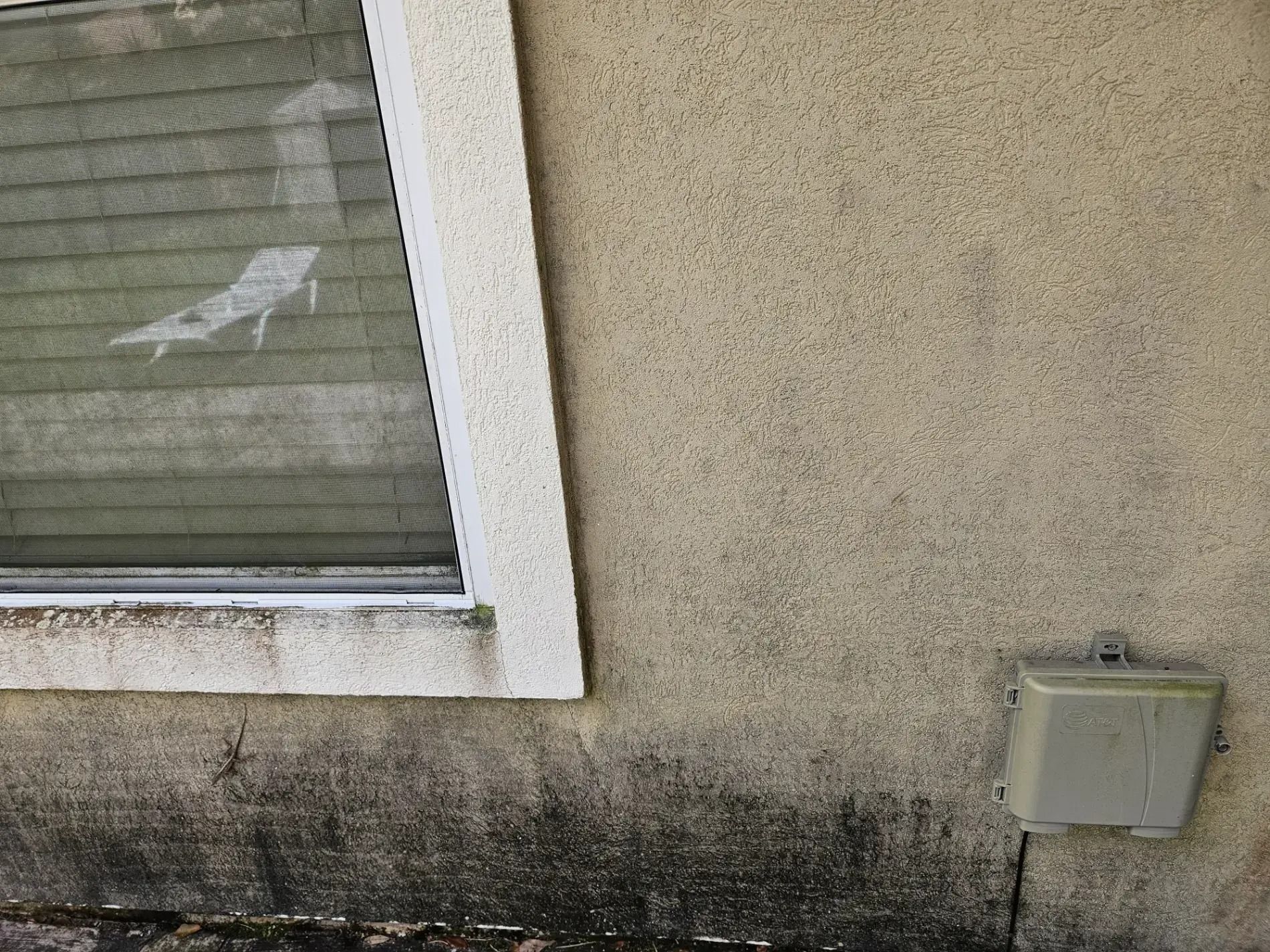 Exterior wall with a window, dark mold stains below it, and a small utility box on the right.